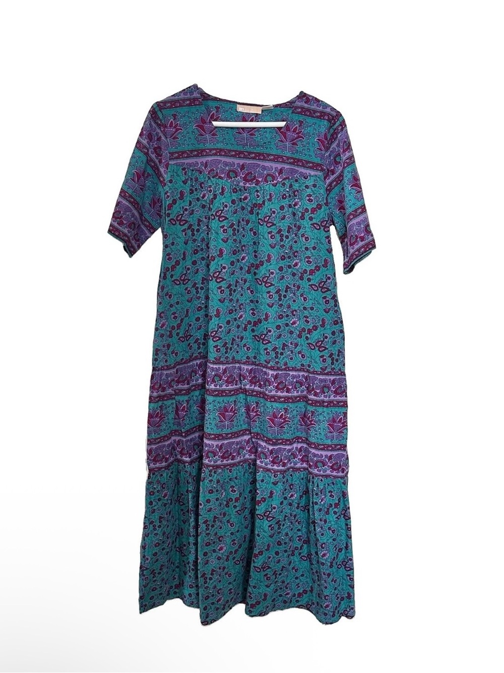 La Cera India Cotton Maxi Dress Large Muumuu Green Purple Pockets Boho Prairie
